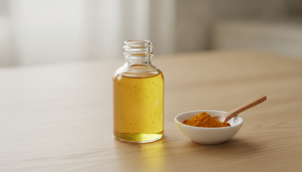 A small glass bottle of golden turmeric-infused baby oil with a subtle yellow hue next to a bowl of turmeric powder and 