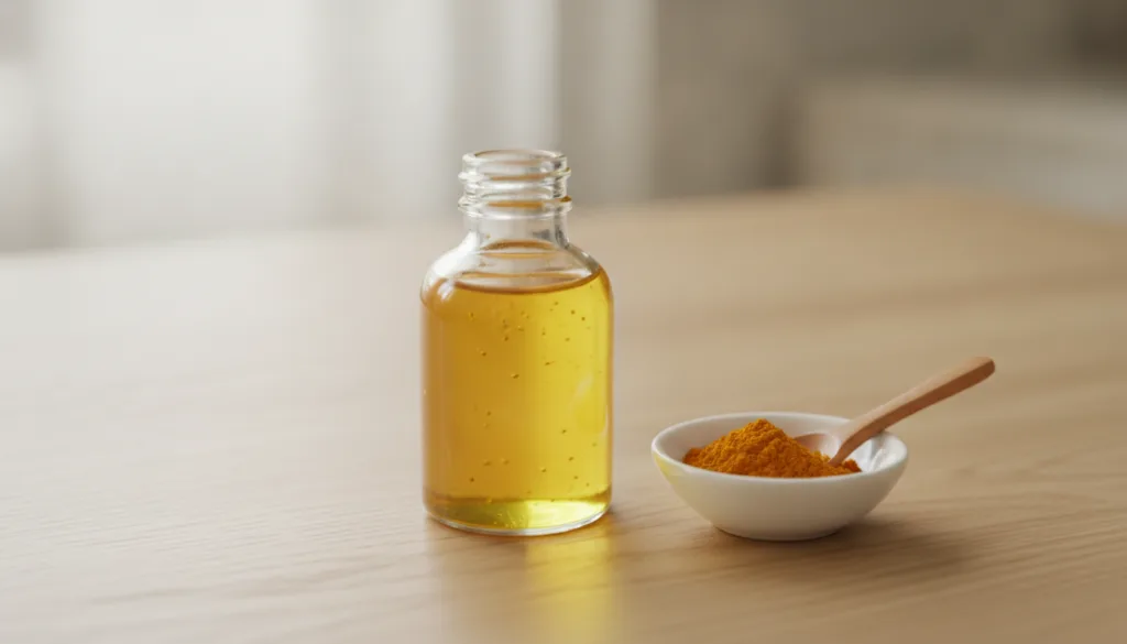 A small glass bottle of golden turmeric-infused baby oil with a subtle yellow hue next to a bowl of turmeric powder and 