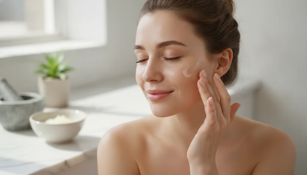 A woman gently applying a homemade potato gel to her clean face targeting areas like her cheeks and forehead Her express