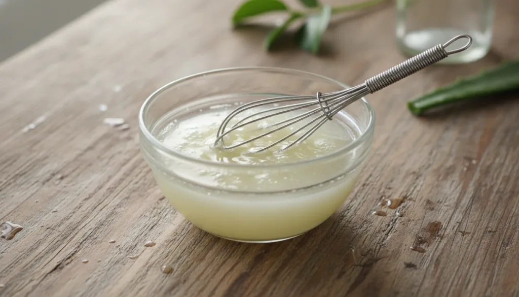 A small glass bowl containing freshly extracted potato juice being mixed with a clear aloe vera gel using a mini whisk o