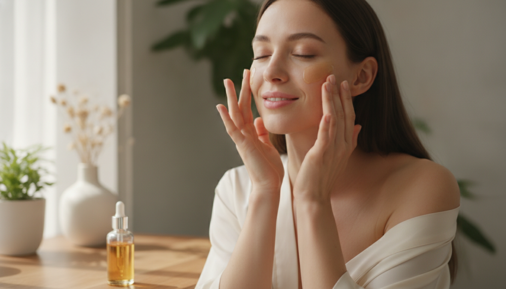 A woman gently massaging a homemade turmeric and baby oil mask onto her clean glowing face with a soft natural backgroun