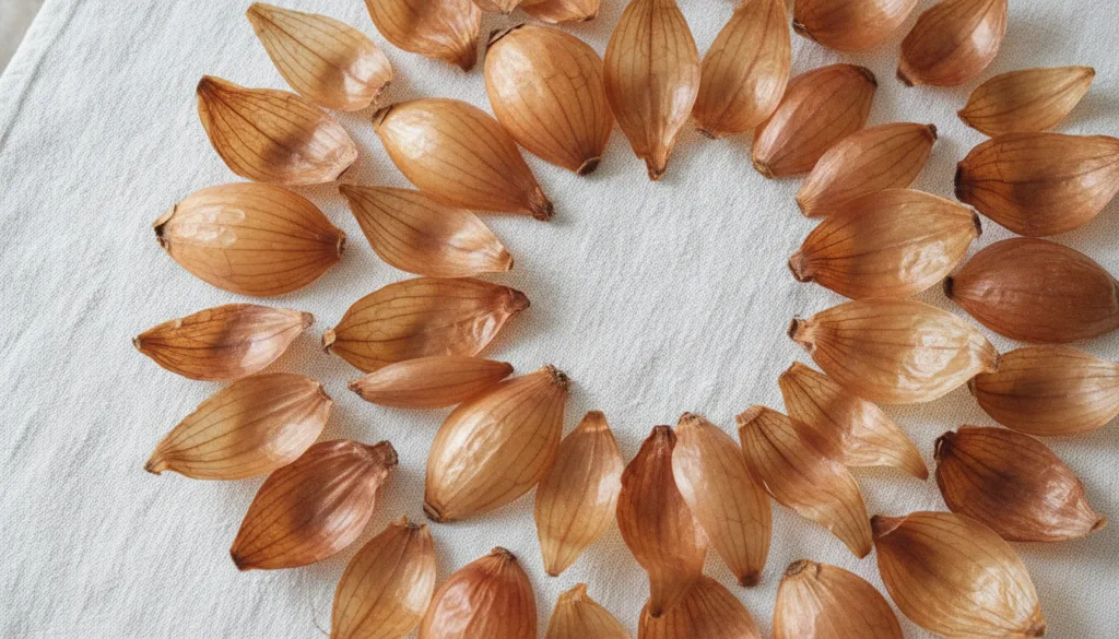 Close-up of clean papery brown onion peels drying on a clean cloth or rack ready for use in a decoction