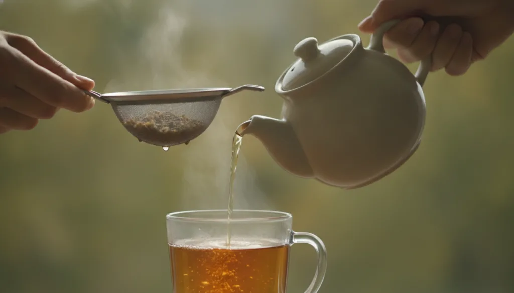A person s hands gently straining a warm amber-colored herbal tea into a clear glass mug with steam rising indicating a 