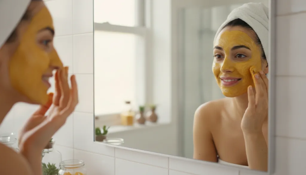 A woman gently applying a homemade face mask to her clean face with her fingertips in a well-lit bathroom looking into a