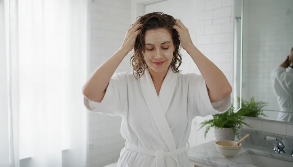 A woman gently applying a thick creamy oatmeal hair mask to her damp hair in a well-lit bathroom her expression soft and