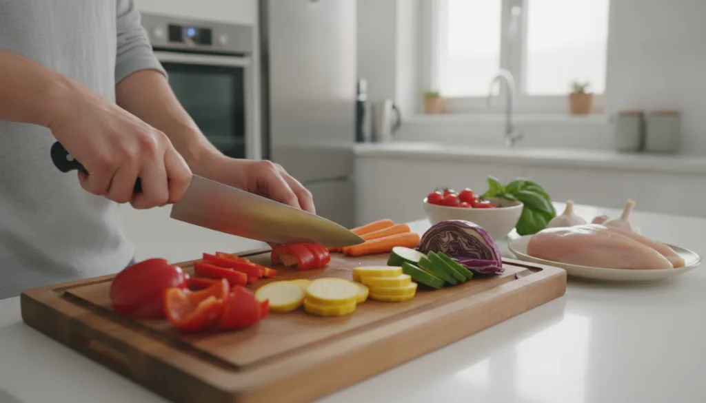 A person s hands actively preparing a healthy meal in a clean modern kitchen with fresh ingredients like chicken vegetab