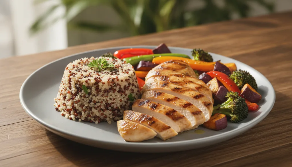 A vibrant well-portioned high-protein meal featuring grilled chicken quinoa and colorful roasted vegetables presented in