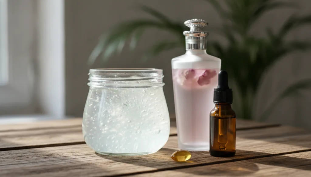 A selection of natural beauty ingredients a clear jar of aloe vera gel a bottle of rose water a small dropper bottle of 