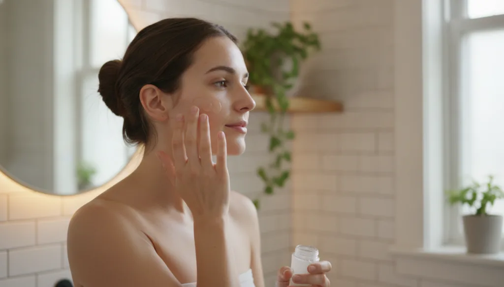 A woman gently applying a clear gel to her face with her fingertips focusing on her cheek and forehead Her skin looks fr