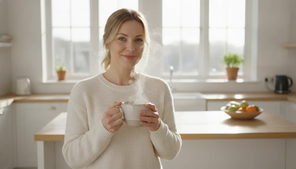 A woman smiling softly holding a warm mug of fennel tea in a bright modern kitchen during the morning looking refreshed