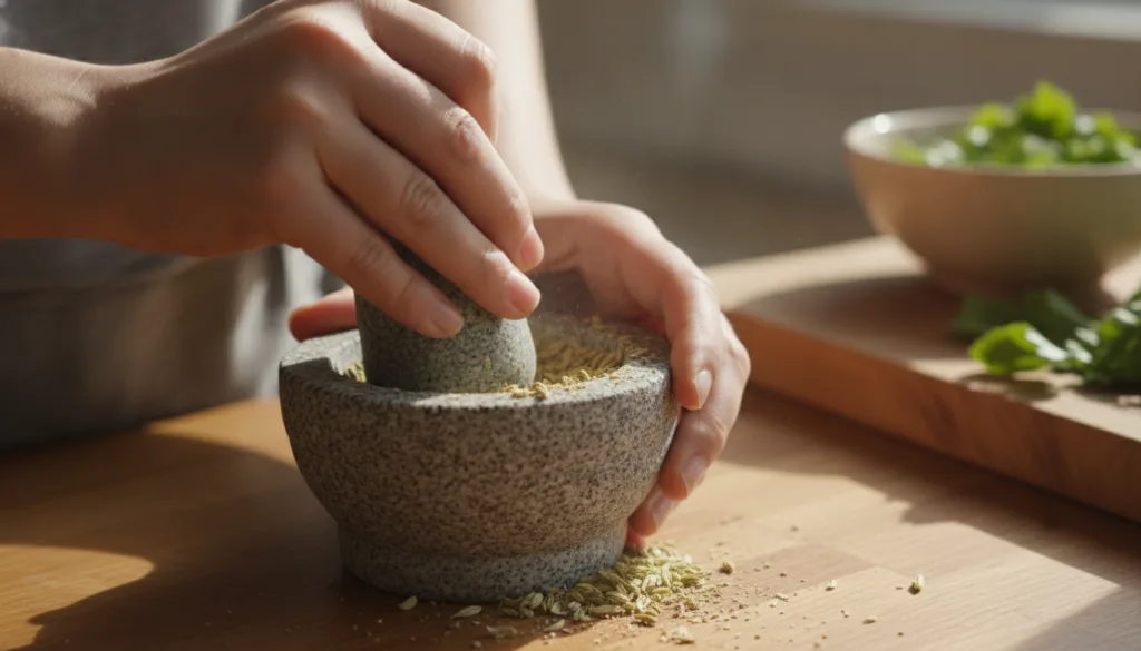 A person s hands gently crushing whole fennel seeds in a small mortar and pestle with a focused and careful gesture