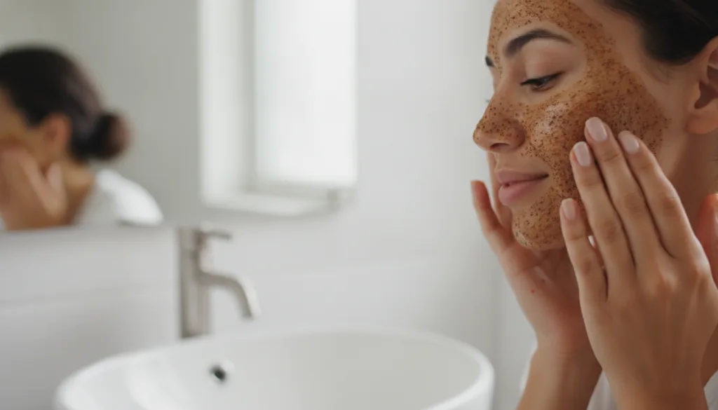 A woman gently applying a coffee and Vaseline mask to her face focusing on areas with fine lines in a well-lit bathroom 