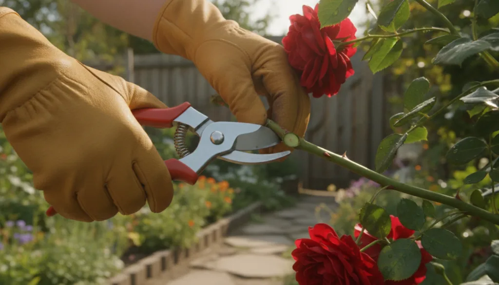 A gardener carefully pruning a rose bush with sharp bypass pruners showing proper technique and attention to plant healt