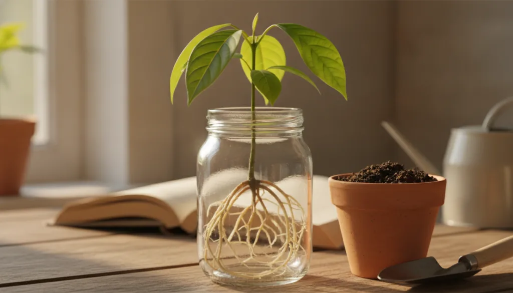 A vibrant green seedling with well-developed roots ready to be transplanted from a clear glass jar into a small pot fill