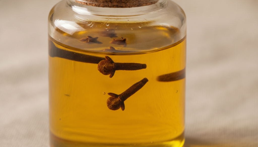 A close-up of a glass jar containing clove-infused almond oil with actual cloves visible steeping in the golden oil