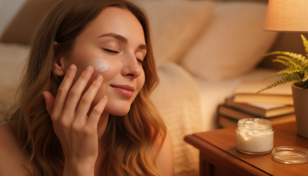 A woman gently applying a small amount of homemade night cream to her face before bed her skin looking soft and radiant
