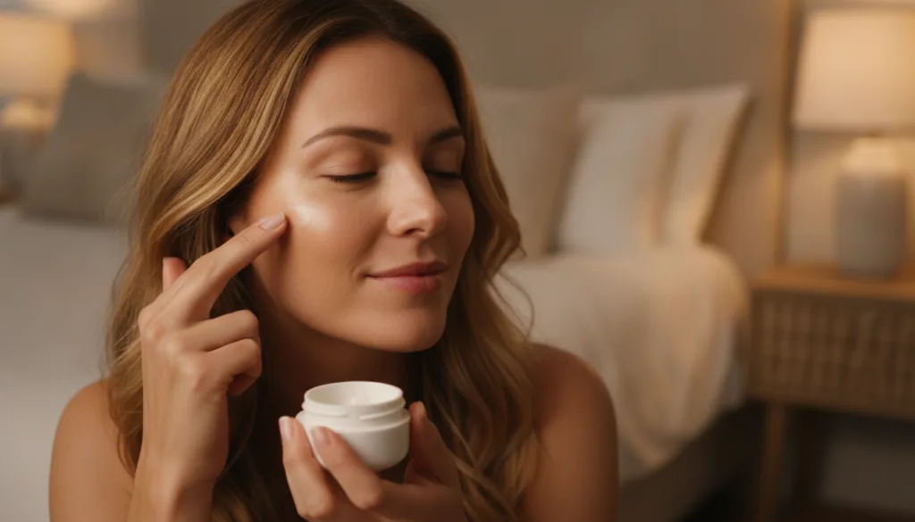 A woman gently applying a small amount of homemade cream to her face at night with a soft warm glow