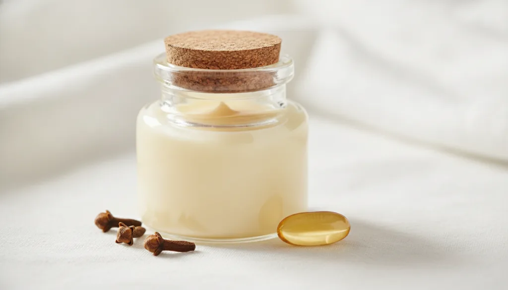 A small glass jar filled with a creamy light yellow homemade night gel with a few cloves and a Vitamin E capsule scatter