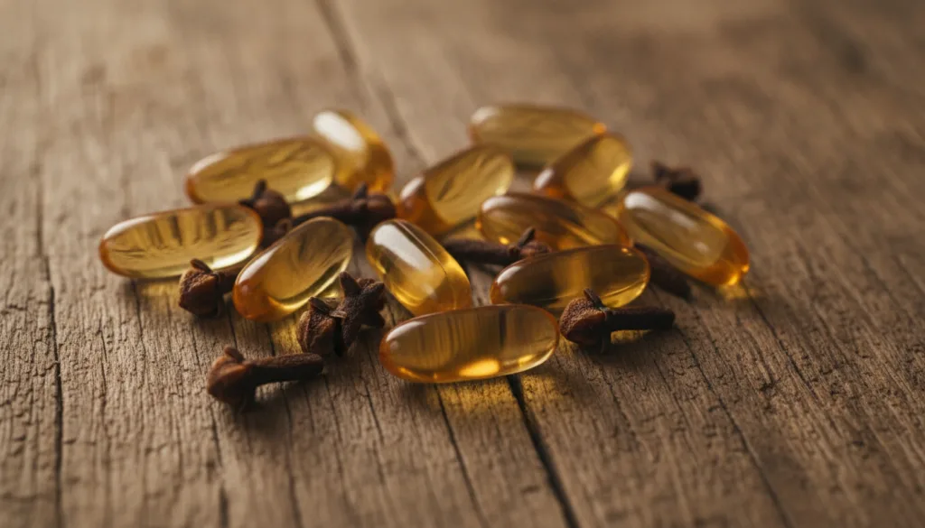 A close-up of Vitamin E capsules and dried cloves on a wooden surface ready for a DIY beauty recipe