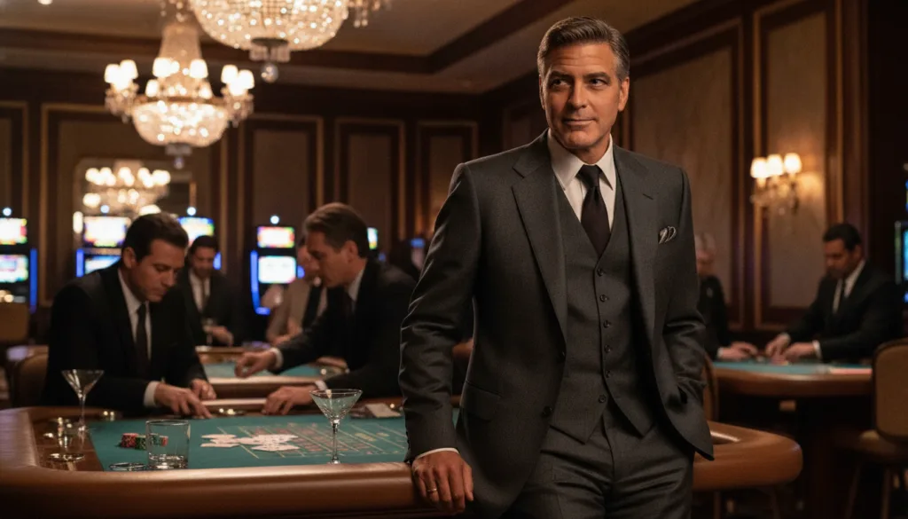 George Clooney as Danny Ocean looking suave in a suit possibly from a scene in Ocean s Eleven