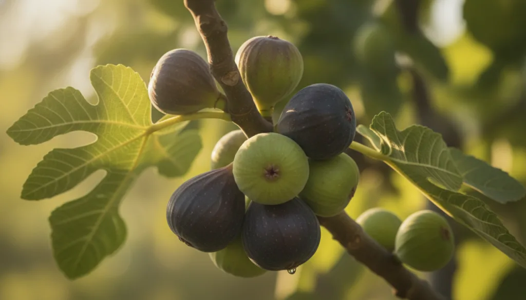 A close-up of ripe figs hanging from a fig tree branch with broad green leaves and soft sunlight
