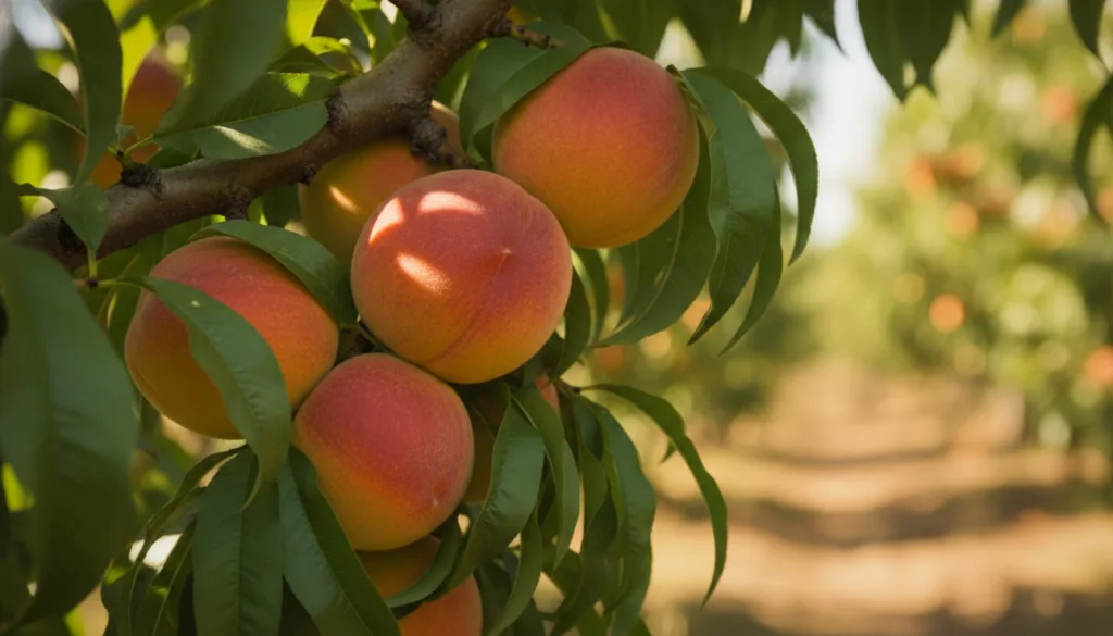 Ripe fuzzy peaches hanging from a branch of a peach tree with green leaves in a sunny orchard