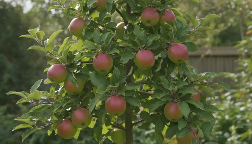 Red and green apples growing on a small dwarf apple tree in a garden with dappled sunlight