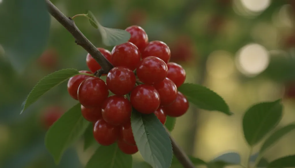 Bright red cherries clustered on a branch of a dwarf cherry tree with glossy green leaves