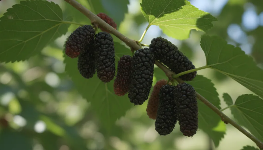 Dark purple mulberries on a branch surrounded by large textured green leaves in a sunny setting