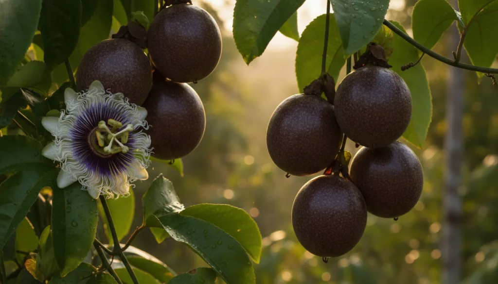 Exotic purple passion fruit hanging from a vine with intricate purple and white flowers and green leaves