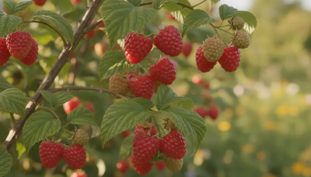 Clusters of ripe red raspberries on a thorny bush with green leaves and a blurred garden background