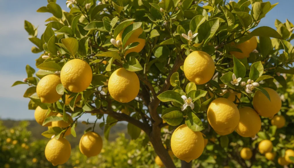 Bright yellow lemons on a small bushy lemon tree with glossy green leaves and some white blossoms