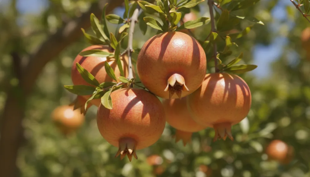 Reddish-orange pomegranates hanging from a branch with the distinctive calyx and green leaves