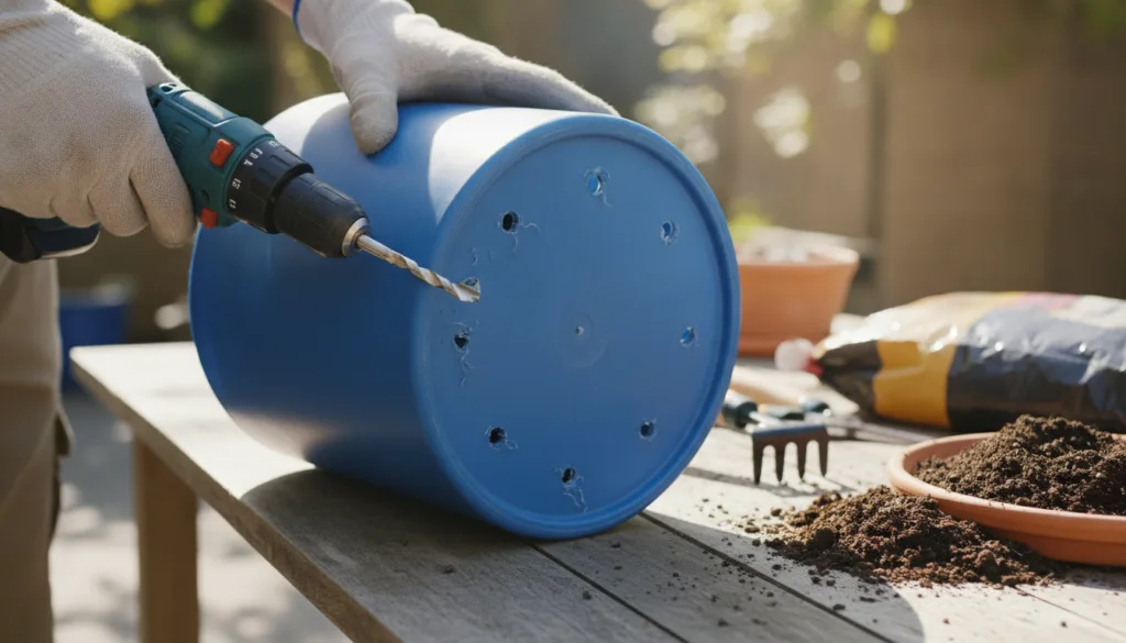 A pair of hands drilling drainage holes into the bottom of a plastic laundry bucket with a pile of potting soil and gard