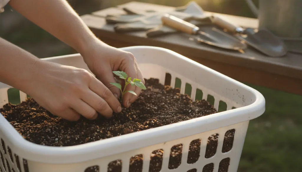 A person s hands gently planting a small green seedling into a plastic laundry basket filled with rich potting soil and 