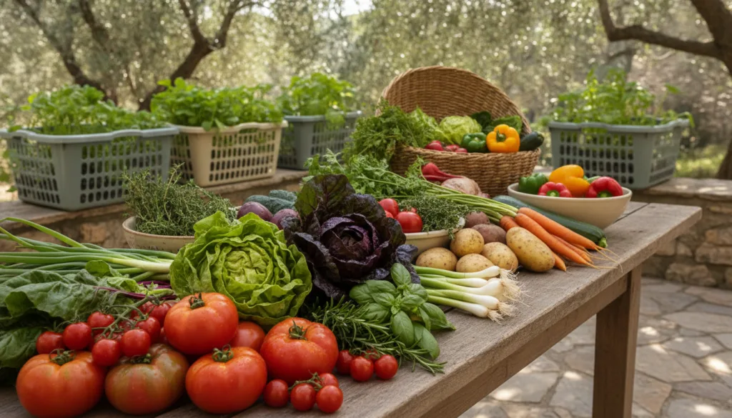 A bountiful harvest of fresh vegetables and herbs including colorful tomatoes leafy greens and aromatic herbs neatly arr