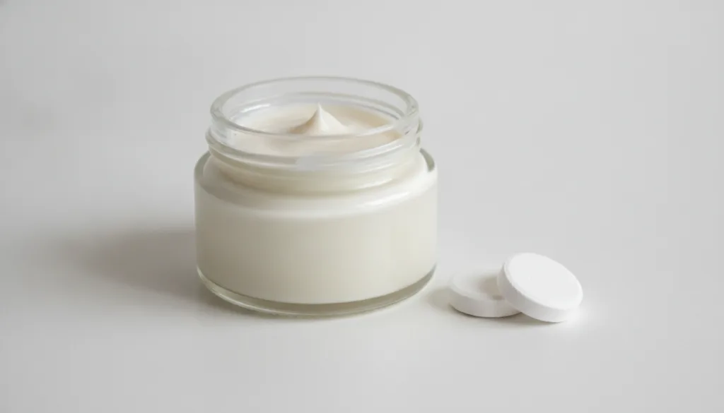 A small clean glass jar filled with the freshly made Vaseline and Aspirin cream showing its smooth pale consistency next
