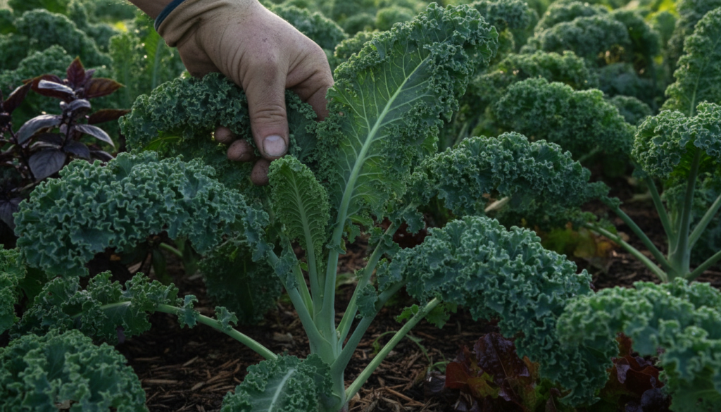 A gardener s hand harvesting dark crinkled Lacinato kale leaves from a vibrant garden bed
