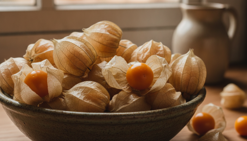 A close-up of a bowl filled with ripe ground cherries still in their papery husks with some husks peeled back to reveal 