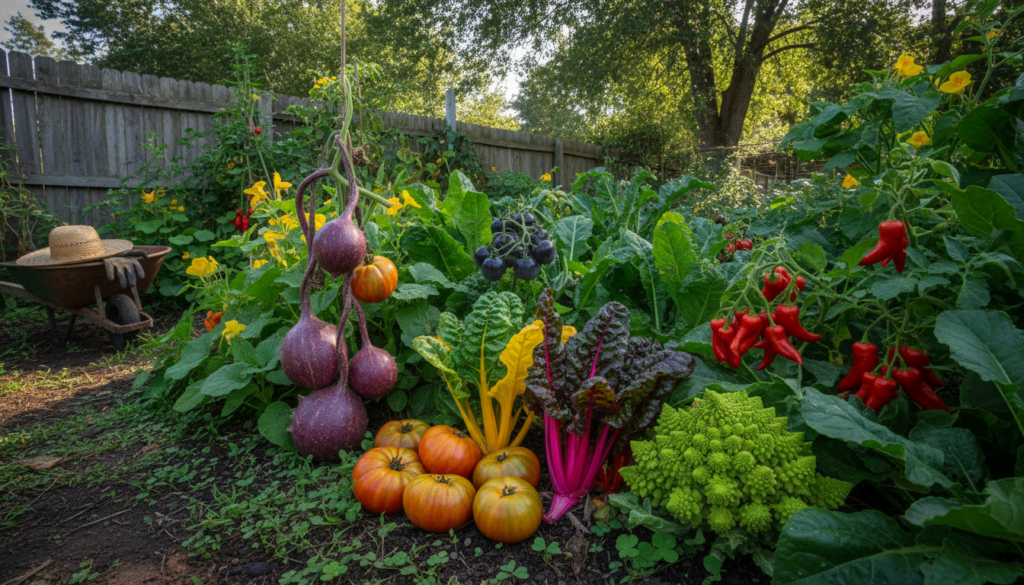 A vibrant diverse home garden featuring several unusual and colorful vegetables growing showcasing unique shapes and hue