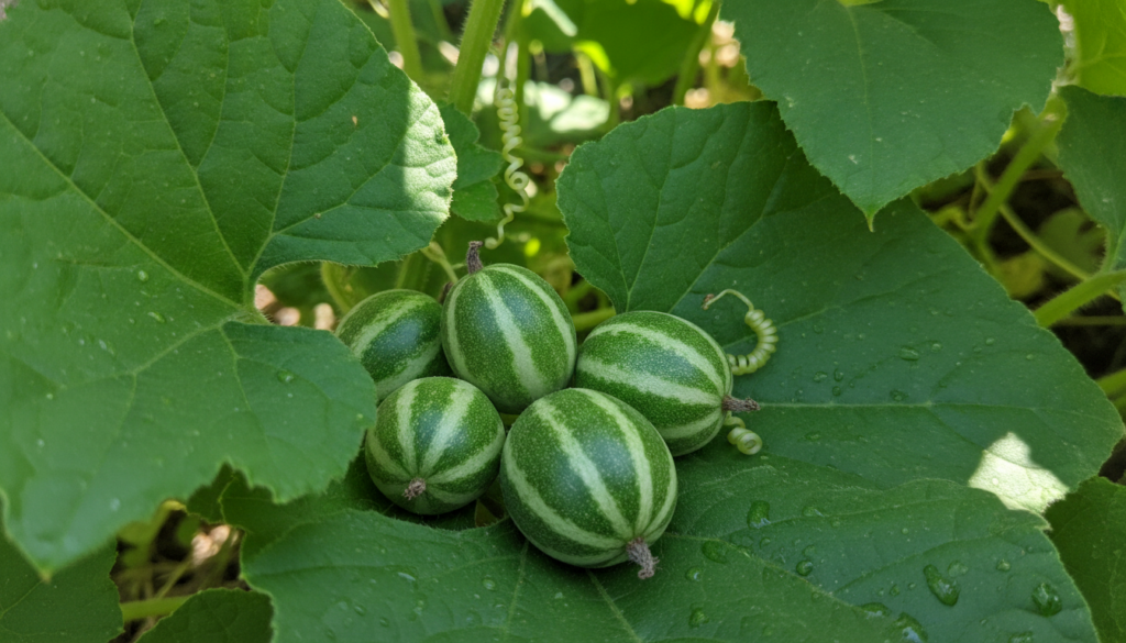 A handful of small striped cucamelons resting on green leaves highlighting their tiny size and distinctive markings