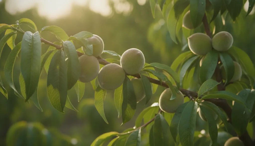 A close-up of a young peach tree branch laden with small developing peaches showing signs of early fruiting