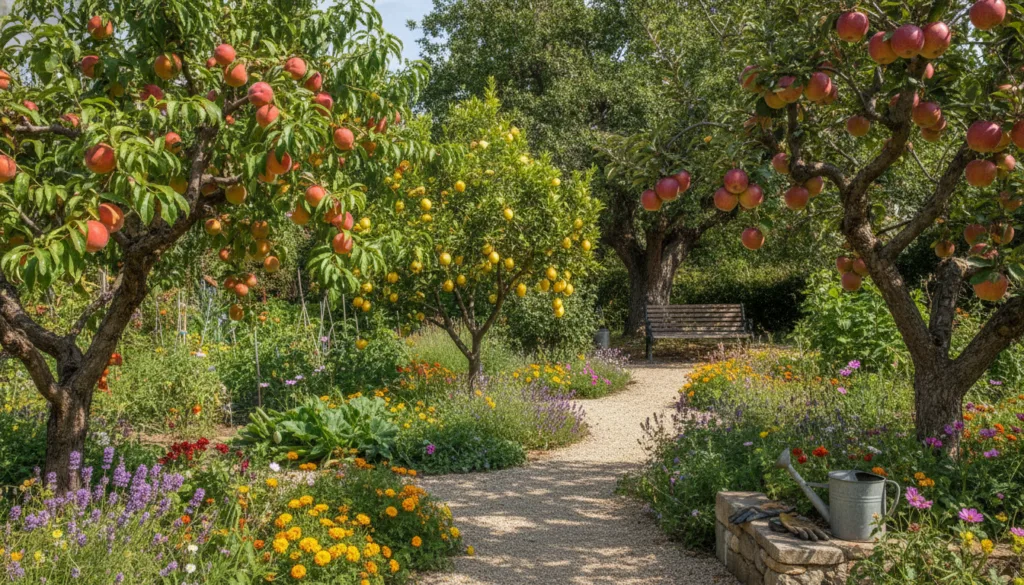 A vibrant home garden filled with various fruit trees and plants showing signs of fresh produce The scene is bright and 
