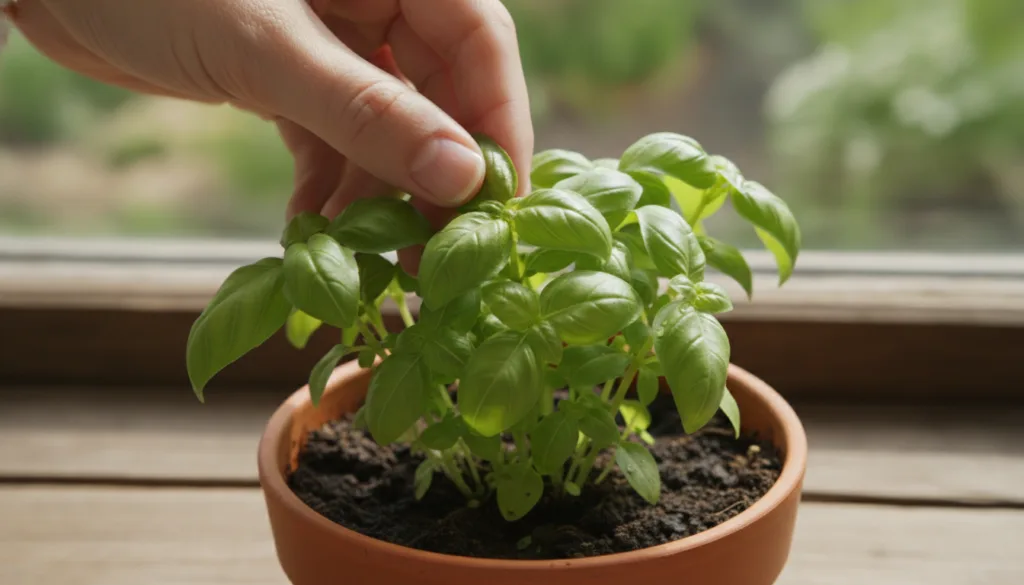 Close-up of a gardener demonstrating how to pinch off basil leaves for harvesting to encourage new growth