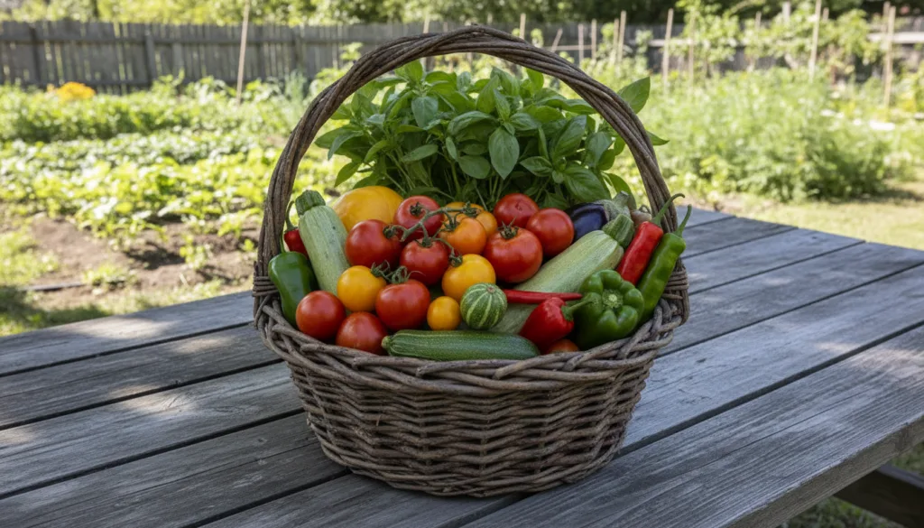 A beautiful rustic basket overflowing with a diverse collection of freshly harvested vegetables and herbs placed on a wo