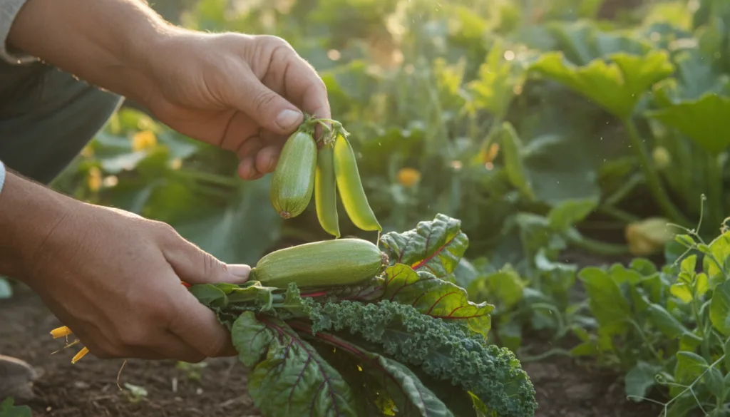 A gardener s hands gently harvesting a variety of fresh vegetables like zucchini snap peas and leafy greens from a vibra