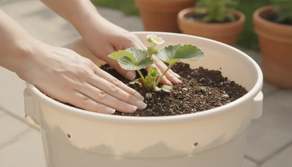 A close-up of hands gently planting a small strawberry plant into a prepared laundry bucket filled with potting mix The 