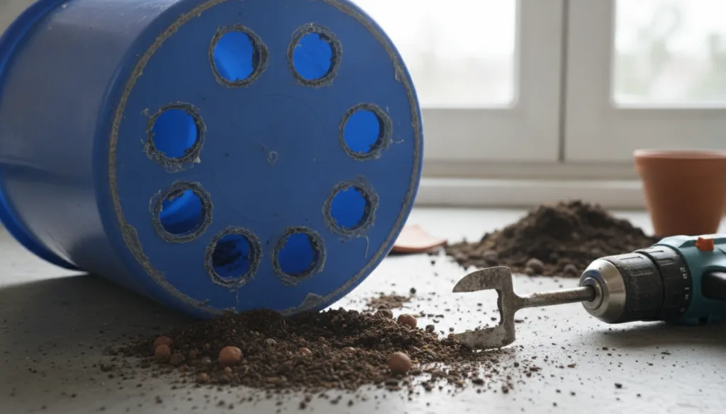 A close-up shot of the bottom of a plastic laundry bucket showing several freshly drilled drainage holes A drill and som