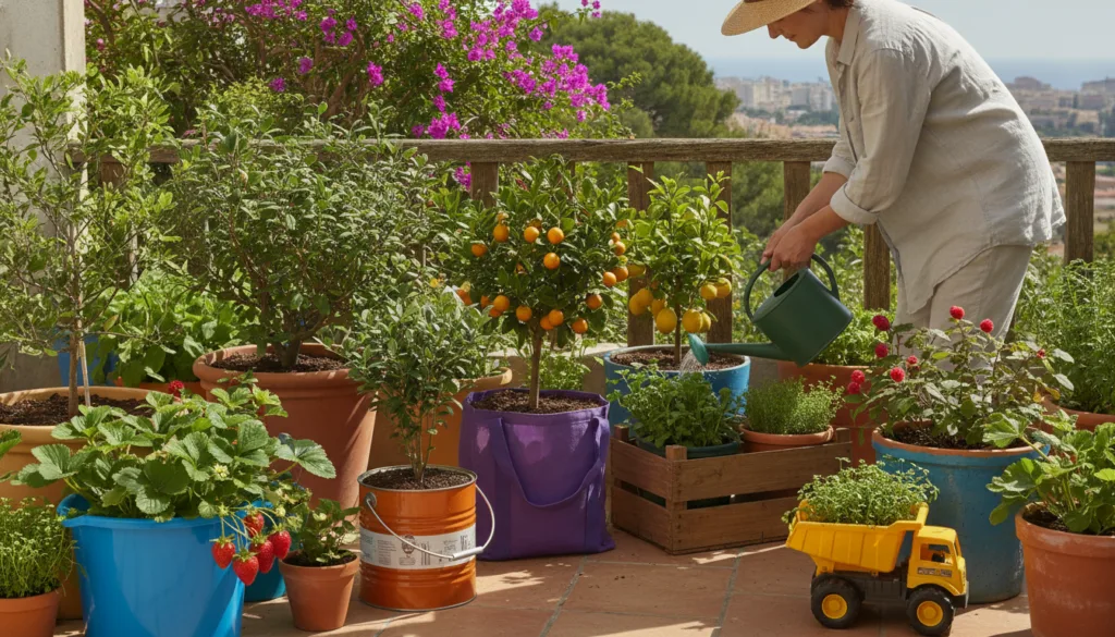 A vibrant collection of various fruit-bearing plants such as strawberries blueberries and dwarf citrus growing in differ