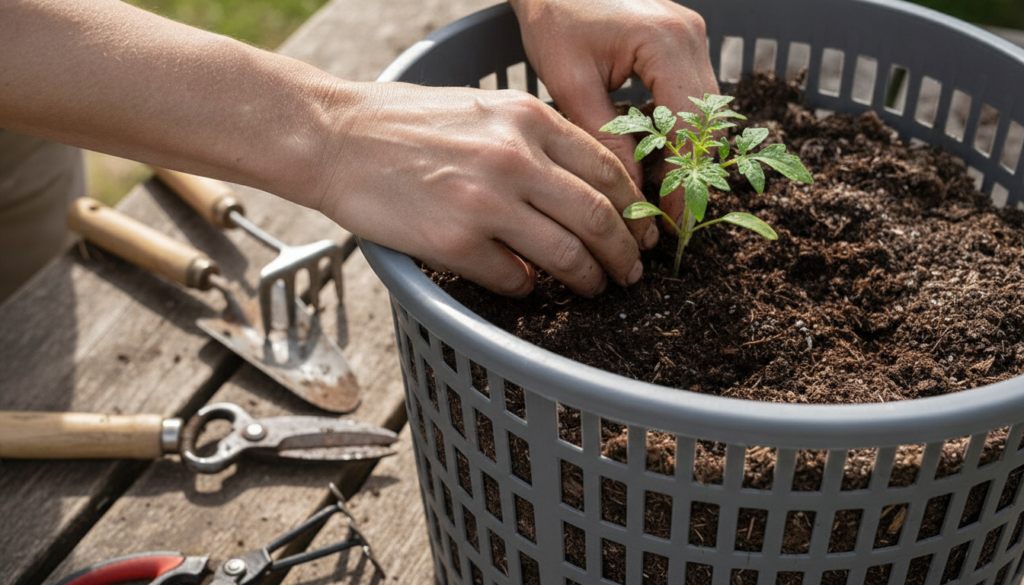 A gardener s hands carefully planting a small tomato seedling into a laundry basket filled with potting soil surrounded 